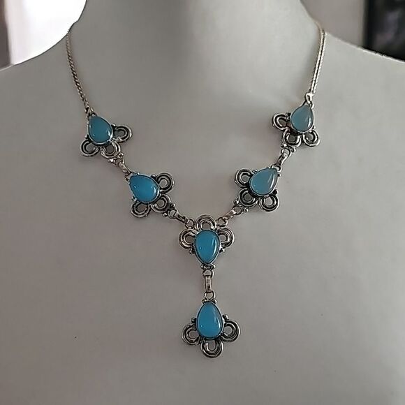 Blue Chalcedony Stone Necklace 18" Silver Plated - Picture 1 of 6